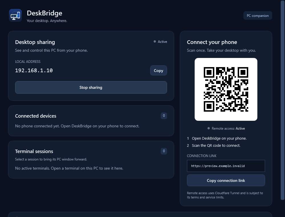 DeskBridge desktop interface with a demo connection and pairing controls
